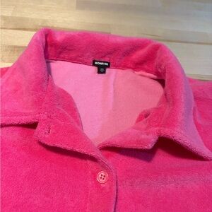 Monrow Pink Terry Cloth Button-Up Short Sleeve Top – XS